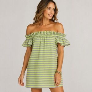 anthropologie Corey Lynn Calter SP Off Shoulder Striped Ruffle Dress Gray Green